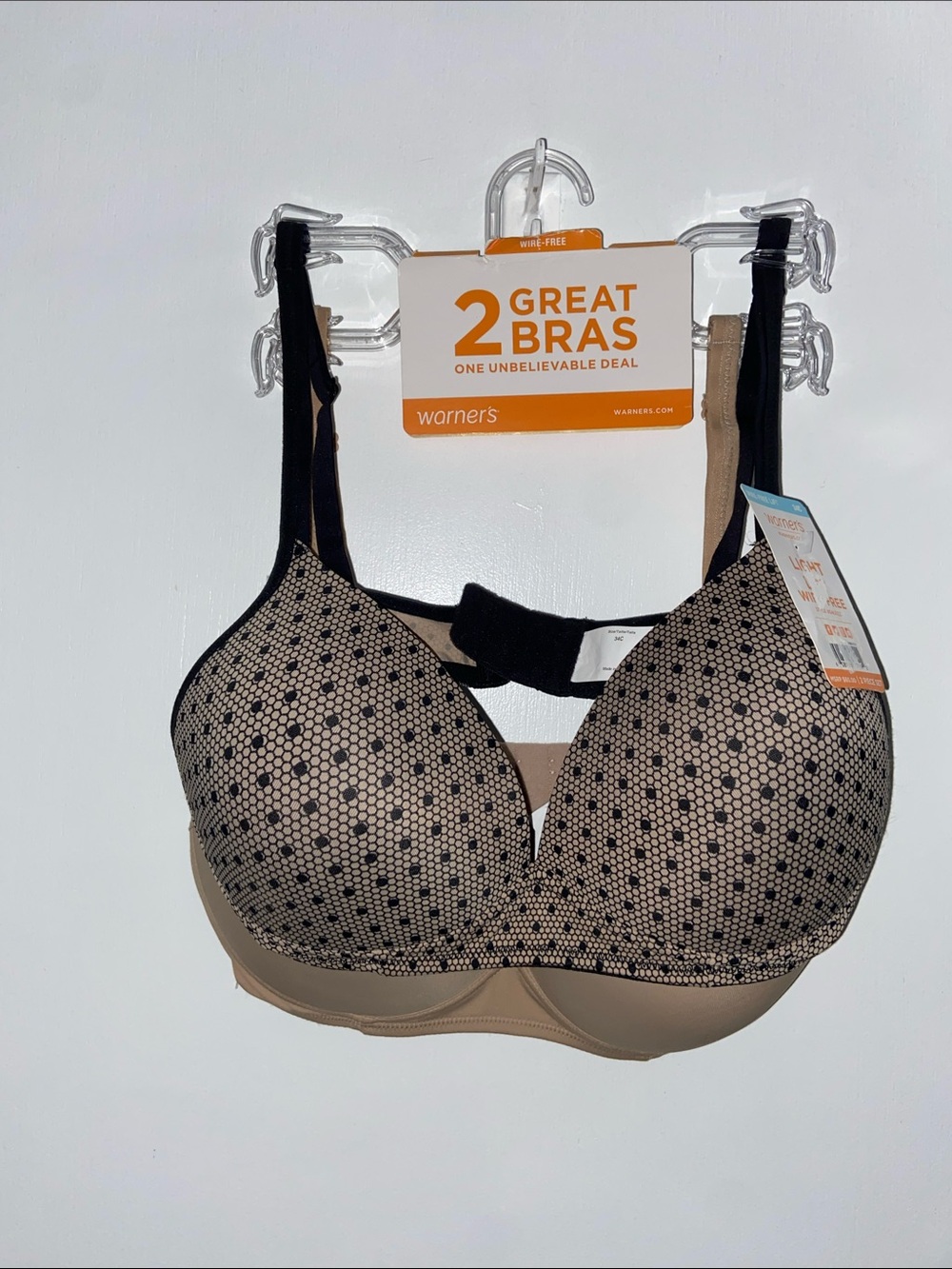 2 Bras - Warner's Light-Lift Wire-Free Bra Nude Beige Black Dot Overlay NWT 34C